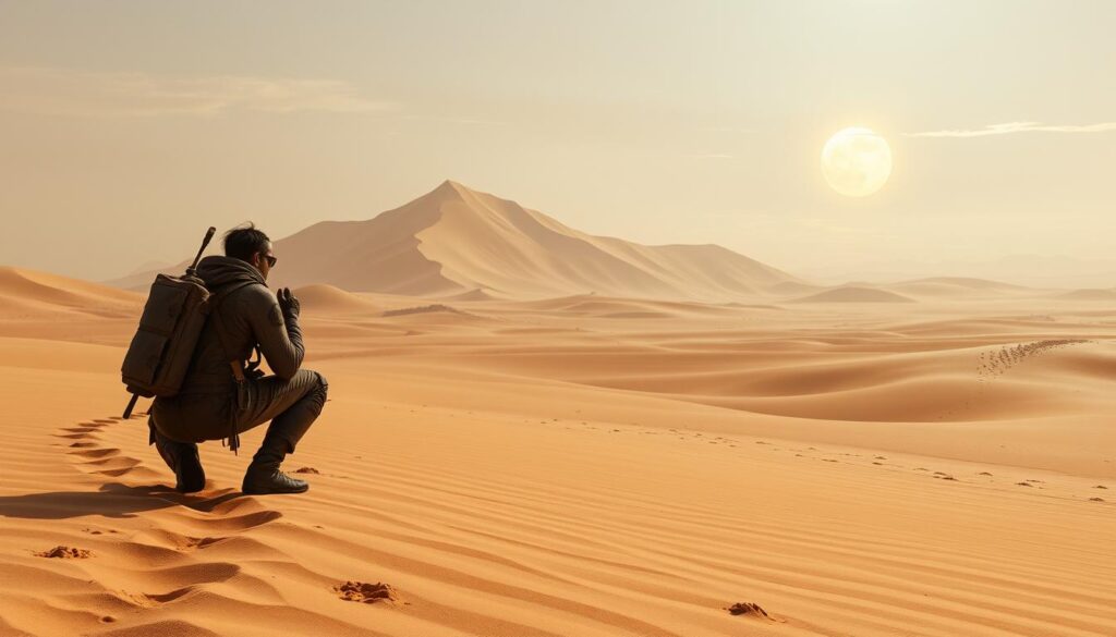 A barren, windswept landscape of Arrakis, the desert planet of Dune Awakening. In the foreground, a lone survivor crouches, scanning the horizon for threats. Equipped with scavenged gear, they carefully navigate the treacherous terrain, footprints leaving a trail in the shifting sands. Towering dunes rise in the middle distance, casting long shadows under the scorching twin suns. Wisps of thin clouds drift across the sky, hinting at the unpredictable weather. The survivor's gaze is focused, their posture tense, as they assess the environment and plan their next move to ensure their survival in this harsh, unforgiving world.