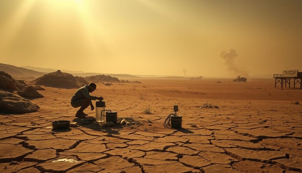 A bleak, arid landscape with rugged dunes and cracked earth. In the foreground, a lone figure crouches over a makeshift water purifier, battling the elements to extract precious droplets from the sparse environment. Shafts of warm, golden light pierce the hazy sky, casting dramatic shadows that accentuate the harshness of the scene. Scavenged materials and scant vegetation dot the middle ground, hinting at the challenges of resource management in this harsh, post-apocalyptic world. The background fades into the distance, with the silhouettes of weather-beaten structures and the ominous shapes of sandstorms on the horizon, conveying the constant struggle for survival in this unforgiving, water-scarce realm.