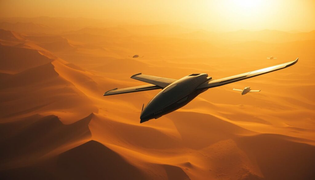 A breathtaking landscape of the Dune world, bathed in warm ochre tones. In the foreground, an ornithopter craft hovers gracefully, its sleek, insect-like design capturing the essence of Arrakis. Behind it, a fleet of hovering taxi vehicles glides effortlessly, their contours echoing the organic forms of the environment. In the distance, the towering dunes of the desert stretch out, their undulating shapes casting long shadows under a brilliant sun. The scene exudes a sense of futuristic transportation and exploration, perfectly capturing the "Mastering Fast Travel with Ornithopter and Taxi Services" section of the article. A breathtaking landscape of the Dune world, bathed in warm ochre tones. In the foreground, an ornithopter craft hovers gracefully, its sleek, insect-like design capturing the essence of Arrakis. Behind it, a fleet of hovering taxi vehicles glides effortlessly, their contours echoing the organic forms of the environment. In the distance, the towering dunes of the desert stretch out, their undulating shapes casting long shadows under a brilliant sun. The scene exudes a sense of futuristic transportation and exploration, perfectly capturing the "Mastering Fast Travel with Ornithopter and Taxi Services" section of the article.