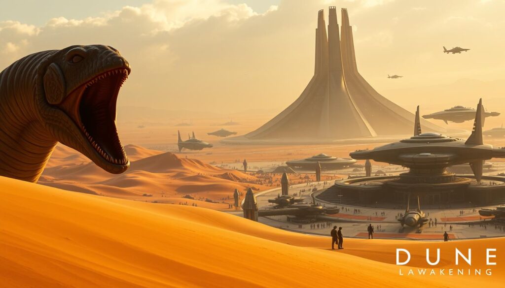 A cinematic wide-angle shot of an expansive sci-fi landscape, featuring the official launch trailer visuals for the game "Dune Awakening". In the foreground, a towering sandworm emerges from the dunes, its maw agape, showcasing the game's realistic and awe-inspiring creature design. The middle ground showcases a bustling spaceport, with sleek starships taking off and landing amidst the flurry of activity. In the background, the horizon is dominated by a massive, looming Dune structure, its intricate architecture and scale capturing the essence of the Dune universe. The scene is bathed in warm, golden lighting, conveying a sense of drama and exploration. The overall atmosphere is one of immersion, excitement, and the promise of an epic sci-fi adventure.
