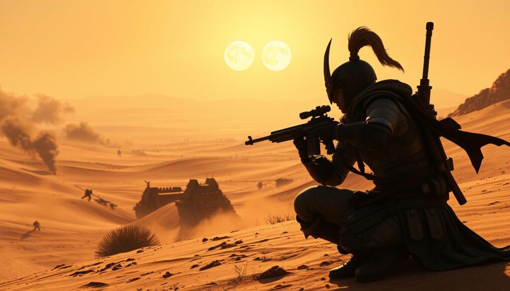 A desert battlefield in Dune Awakening, with a warrior wielding a powerful ranged weapon. In the foreground, the warrior is crouched, aiming their weapon with intense focus, surrounded by the rugged, wind-swept landscape. The middle ground features billowing dust clouds and the silhouettes of distant combatants engaged in skirmishes. The background is a hazy horizon, with the twin suns of Arrakis casting a warm, golden glow over the scene. The lighting is dramatic, creating long shadows and highlighting the intricate details of the warrior's equipment. The camera angle is slightly elevated, giving a cinematic, immersive perspective on the ranged combat mechanics at play.