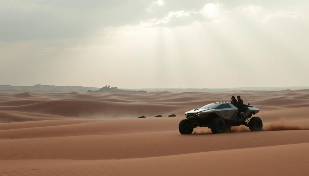 A desolate expanse of sand dunes stretches across the horizon, as a team of explorers navigate the treacherous terrain of Dune Awakening. In the foreground, a sleek, futuristic vehicle glides effortlessly over the undulating landscape, its advanced sensors scanning the environment for hazards and guiding the crew through the challenging conditions. The middle ground is filled with a sense of discovery, as the explorers carefully chart their course, studying topographical maps and communicating with a distant command center. In the background, the sky is a muted palette of grays and blues, casting a somber, contemplative mood over the entire scene. Rays of warm, filtered sunlight pierce through the haze, casting dramatic shadows and highlighting the rugged beauty of the dunes. This is the early trials of Dune Awakening, a testament to the resilience and ingenuity of those who dare to venture into the unknown.