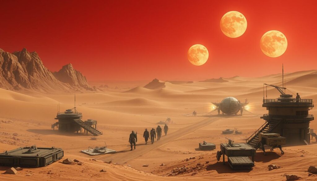 A desolate, wind-swept Imperial testing station, nestled amidst the towering dunes of a Dune-inspired desert world. The foreground features a series of intricate, modular structures and platforms, their surfaces weathered by the unforgiving elements. Scattered debris and the remnants of past challenges litter the ground, hinting at the difficulties faced by those who dare to venture here. In the middle ground, a group of determined Planetologists navigate a treacherous obstacle course, dodging hazards and utilizing their skills to overcome the station's formidable defenses. Shimmering energy fields, holographic projections, and mechanical traps test their agility and problem-solving abilities. The background is dominated by a vast, crimson sky, with twin suns casting long shadows across the landscape. The atmosphere is one of isolation and challenge, reflecting the arduous journey required to reach the Planetologist Level 2 within this Dune-inspired world.
