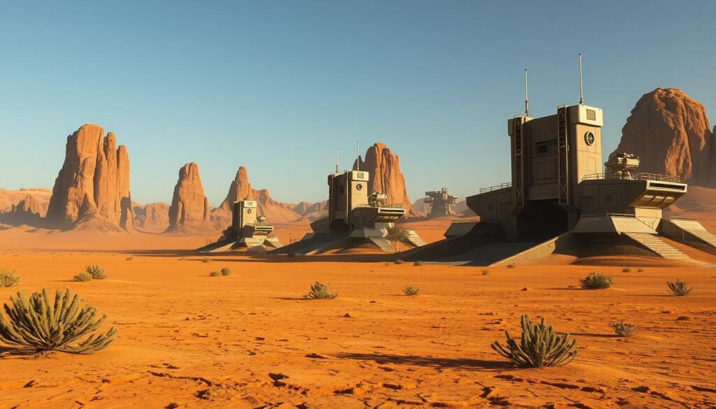 A desolate, wind-swept desert landscape, with towering rock formations casting long shadows. In the distance, a series of angular, metallic structures stand sentinel, their sleek, utilitarian design a testament to the Imperial presence on this harsh world. Closer inspection reveals various surveillance equipment, landing pads, and heavily fortified entrances - the hallmarks of an Imperial Testing Station, a site of top-secret research and experimentation. The scene is bathed in a warm, golden light, creating an ominous atmosphere tinged with a sense of foreboding. The ground is cracked and barren, save for the occasional hardy scrub, hinting at the inhospitable nature of this remote location.