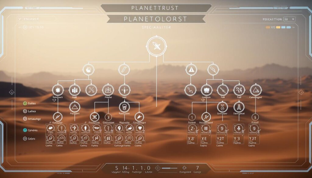 A detailed, holistic planetologist skill tree guide displayed on a futuristic digital interface. The foreground shows the skill tree branches unfolding with intricate icons representing various specializations, abilities, and upgrades. The middle ground features a sleek, minimalist UI design with clean lines, subtle gradients, and a muted color palette evocative of a sci-fi aesthetic. The background showcases a panoramic view of an alien landscape, perhaps a desert planet with sweeping dunes and a hazy, atmospheric sky. Cinematic lighting casts dramatic shadows and highlights, creating depth and a sense of grandeur. The overall mood is one of exploration, discovery, and the mastery of planetary systems. A detailed, holistic planetologist skill tree guide displayed on a futuristic digital interface. The foreground shows the skill tree branches unfolding with intricate icons representing various specializations, abilities, and upgrades. The middle ground features a sleek, minimalist UI design with clean lines, subtle gradients, and a muted color palette evocative of a sci-fi aesthetic. The background showcases a panoramic view of an alien landscape, perhaps a desert planet with sweeping dunes and a hazy, atmospheric sky. Cinematic lighting casts dramatic shadows and highlights, creating depth and a sense of grandeur. The overall mood is one of exploration, discovery, and the mastery of planetary systems.