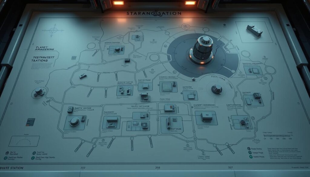 A detailed navigation map of a sleek, futuristic testing station, designed to guide planetologists through the Dune Awakening location. The map displays the layout of the facility, including key research areas, equipment hubs, and access points. Rendered in a clean, minimalist aesthetic with a muted color palette of grays, blues, and greens, the map projects a sense of precision and functionality. Subtle lighting casts a warm glow, creating depth and drawing the viewer's eye to the most important elements. The perspective is slightly elevated, providing a comprehensive overview while maintaining a sense of scale and immersion. The overall atmosphere conveys a feeling of exploration and scientific discovery within the Dune Awakening environment.