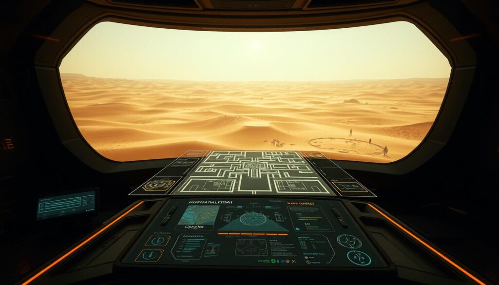 A detailed testing station navigational guide on a holographic display, set against a dimly lit, futuristic environment. The foreground features a sleek, high-tech control panel with various diagnostic readouts and interactive buttons. The middle ground showcases a 3D projection of a complex, labyrinthine structure, representing the test environment. In the background, a panoramic view of a desolate, windswept Dune landscape, evoking the harsh and unforgiving setting of the "Dune Awakening" universe. Warm, amber lighting casts a subdued glow, creating an atmospheric and immersive setting. The overall composition conveys a sense of technological sophistication, exploration, and the challenges faced by advanced planetologists navigating the treacherous dunes.