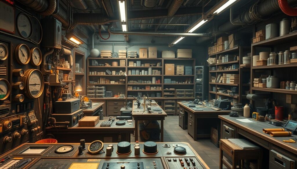 A detailed, well-lit interior of a crafting workshop, showcasing a range of tools, materials, and resource management systems. In the foreground, an intricate control panel with various meters, gauges, and switches, representing the management of different resources such as energy, raw materials, and production output. In the middle ground, a series of workbenches and assembly stations, where various crafting processes are taking place. The background features shelves and storage units filled with neatly organized components, resources, and finished products. The lighting is a warm, ambient glow, creating a sense of productivity and efficiency. The overall scene conveys the complexity and importance of resource management in advanced gameplay.