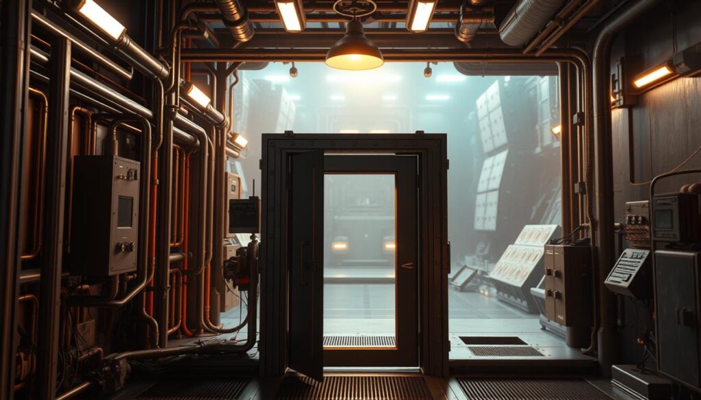 A detailed, well-lit secret testing station, with a hidden door mechanism in the foreground. The door is seamlessly integrated into the industrial-style environment, with metal frames, exposed pipes, and control panels in the middle ground. In the background, a vast, cavernous space stretches out, hinting at the scale and complexity of the facility. The lighting is a combination of warm, overhead lamps and cool, ambient illumination, creating a sense of mystery and anticipation. The overall atmosphere is one of technological sophistication and a touch of intrigue, setting the stage for a crucial quest event.