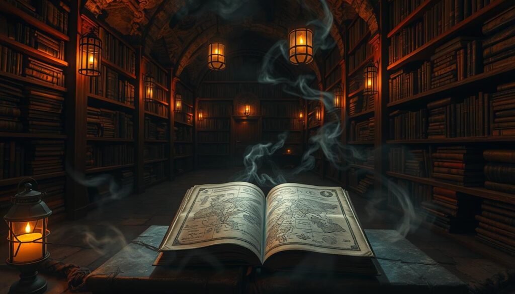 A dimly lit, ancient underground archive, with towering bookshelves and dusty tomes lining the walls. A warm, amber glow emanates from the lanterns, casting long shadows across the room. In the center, a weathered, leather-bound book lies open, its pages revealing intricate maps and arcane symbols. Tendrils of mist swirl around the artifacts, hinting at the secrets buried within. The atmosphere is one of reverence and mystery, inviting the viewer to unravel the hidden knowledge of this forgotten place.