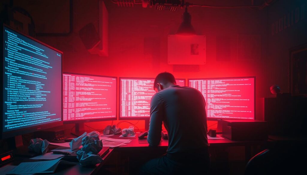 A dimly lit, futuristic computer workstation with holographic screens displaying lines of complex code. In the foreground, a frustrated gamer hunches over the desk, surrounded by scattered papers and crumpled wads of frustration. The warm glow of the screens casts an eerie light, creating an atmosphere of intense focus and problem-solving. The background is shrouded in shadows, hinting at the mysterious nature of the "Dune Awakening" game and its buried archives. The overall scene conveys the challenges and determination of troubleshooting game errors in this immersive, sci-fi world.