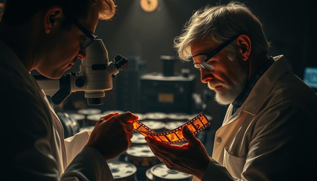 A dimly lit laboratory setting, the air thick with the scent of ancient parchment. In the foreground, a scientist carefully examines a fragile, aged strip of film under the glow of a specialized microscope. The middle ground reveals a collection of meticulously organized film reels, each containing the precious records of a long-forgotten civilization. In the background, the shadowy outlines of advanced equipment hint at the meticulous process of digitally preserving these invaluable artifacts. Soft, warm lighting casts a reverent atmosphere, as if the very air holds the weight of millennia-old knowledge waiting to be unlocked.