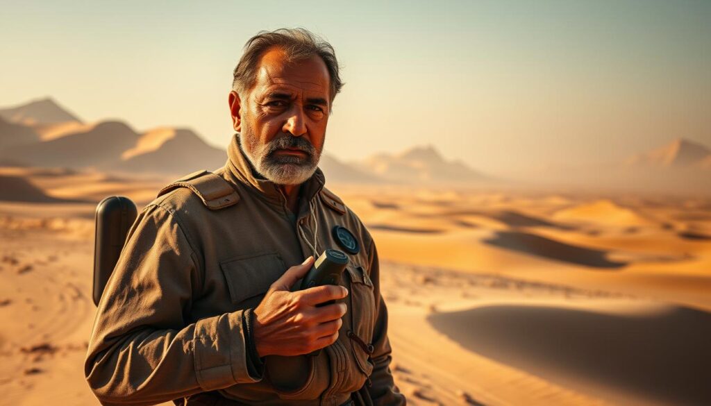 A distinguished planetologist trainer, Derek Chinara, stands in a rugged, windswept desert landscape. He wears a dusty, sand-hued uniform, his weathered face etched with years of experience. His gaze is focused, hand resting on a high-tech sensor device as he examines the shifting sands. In the distance, towering dunes and a hazy horizon evoke the grand scale of the Dune world. Warm, directional lighting casts dramatic shadows, emphasizing the training's intensity and the gravitas of Chinara's role. The scene conveys a sense of discovery, expertise, and the profound understanding required to navigate the planet's intricate systems. A distinguished planetologist trainer, Derek Chinara, stands in a rugged, windswept desert landscape. He wears a dusty, sand-hued uniform, his weathered face etched with years of experience. His gaze is focused, hand resting on a high-tech sensor device as he examines the shifting sands. In the distance, towering dunes and a hazy horizon evoke the grand scale of the Dune world. Warm, directional lighting casts dramatic shadows, emphasizing the training's intensity and the gravitas of Chinara's role. The scene conveys a sense of discovery, expertise, and the profound understanding required to navigate the planet's intricate systems.
