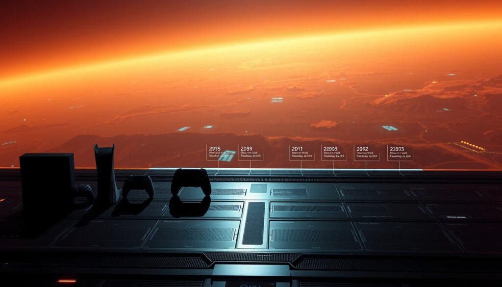 A futuristic console release roadmap displayed on a sleek, metallic interface. In the foreground, a grid of console silhouettes in various stages of development, casting dynamic shadows. The middle ground features a holographic timeline, with glowing markers denoting upcoming release dates. The background depicts a vast, expansive digital landscape, with scattered data visualizations and subtle, pulsing neon accents. Warm, directional lighting casts a cinematic glow, complementing the high-tech, sci-fi atmosphere. The overall composition conveys a sense of anticipation and excitement for the future of console gaming.