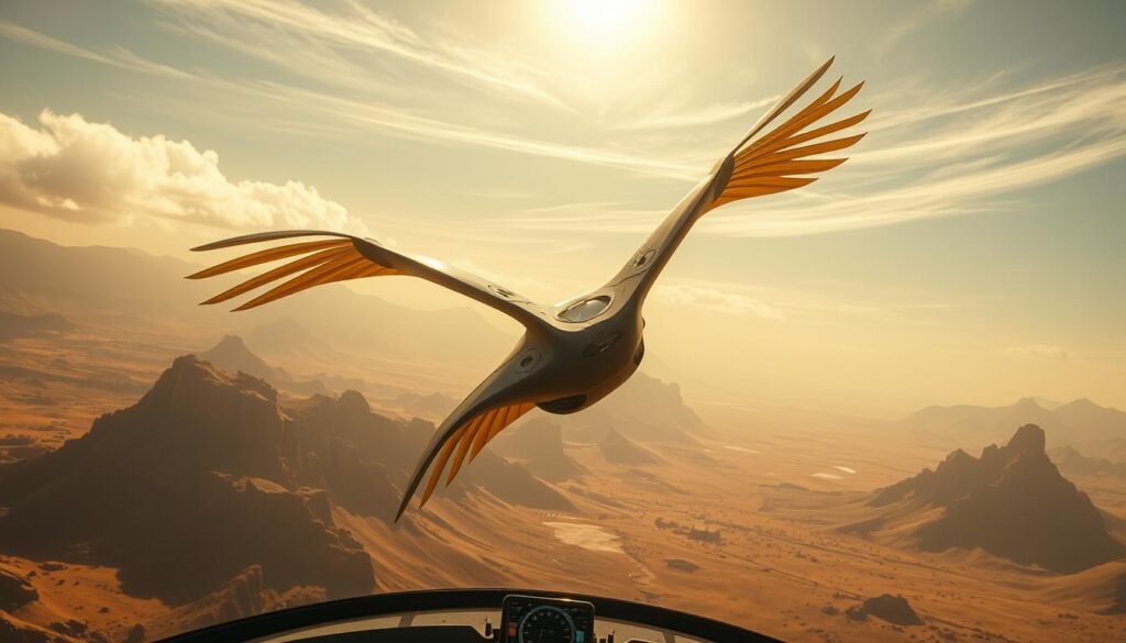 A futuristic ornithopter soaring gracefully through a vast, otherworldly landscape. The sleek, biomimetic craft hovers effortlessly, its wings flapping with precision, harnessing the power of the planet's thin atmosphere. In the foreground, a dashboard display showcases real-time telemetry and navigation data, guiding the pilot towards remote, untouched regions. Streaming sunlight filters through wispy cirrus clouds, casting a warm, golden glow over the scene. The background reveals a rugged, mountainous terrain, with towering cliffs and deep canyons, hinting at the untamed wilderness waiting to be explored. This image captures the thrill and freedom of fast travel in the Dune universe, where advanced technology enables unparalleled access to the most distant corners of the planet.