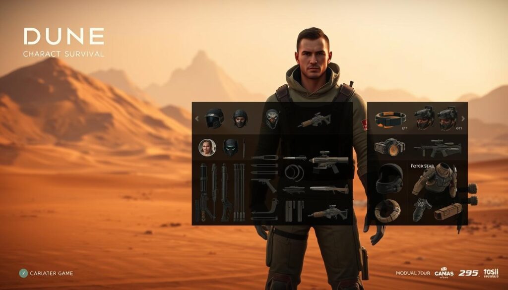 A futuristic survival game character customization screen, set against the backdrop of a desolate, wind-swept Dune landscape. In the foreground, a detailed character model stands, their features and attire fully customizable - from rugged desert attire to advanced exoskeleton armor. The middle ground showcases an array of modular equipment and gear, allowing the player to tailor their loadout for the harsh environment. In the distant background, towering sand dunes and a hazy, ochre sky convey the sense of isolation and harsh, unforgiving conditions of the Dune world. Dramatic lighting casts dramatic shadows, heightening the sense of gritty, post-apocalyptic survival. The overall mood is one of determination and preparation, as the player readies their character for the challenges that lie ahead. A futuristic survival game character customization screen, set against the backdrop of a desolate, wind-swept Dune landscape. In the foreground, a detailed character model stands, their features and attire fully customizable - from rugged desert attire to advanced exoskeleton armor. The middle ground showcases an array of modular equipment and gear, allowing the player to tailor their loadout for the harsh environment. In the distant background, towering sand dunes and a hazy, ochre sky convey the sense of isolation and harsh, unforgiving conditions of the Dune world. Dramatic lighting casts dramatic shadows, heightening the sense of gritty, post-apocalyptic survival. The overall mood is one of determination and preparation, as the player readies their character for the challenges that lie ahead.
