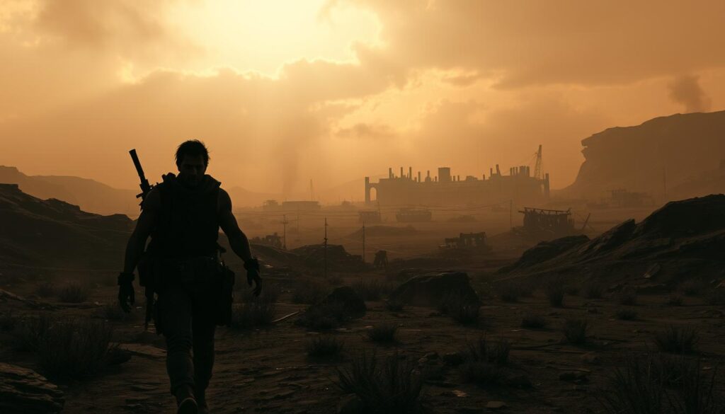 A gritty, post-apocalyptic landscape of a survival game in early access. In the foreground, a rugged, resourceful protagonist navigates a harsh, barren world, scavenging for supplies and fending off threats. The middle ground features a sprawling, partially constructed settlement, hinting at the player's progress and the challenges of establishing a foothold in this unforgiving environment. The background is dominated by a moody, dust-swept sky, casting an ominous, atmospheric glow over the scene. The lighting is dramatic, with deep shadows and pockets of warm, ambient illumination, creating a sense of tension and uncertainty. The overall mood is one of survival, resilience, and the determination to carve out a future in a world on the brink of collapse.