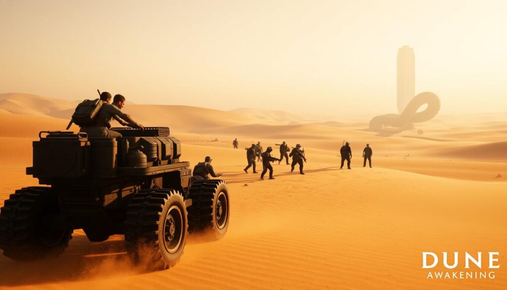 A group of players cooperatively navigating a vast, arid landscape in Dune Awakening. In the foreground, two characters work together to operate a large, heavily armored vehicle, its sturdy treads churning up the sand. In the middle ground, a squad of players coordinate their movements, utilizing each other's specialized abilities to overcome environmental obstacles. In the distant background, the iconic silhouette of a towering sandworm rises from the dunes, a looming threat that requires collective action to overcome. Warm, natural lighting illuminates the scene, casting dramatic shadows and highlighting the collaborative nature of the gameplay. The overall atmosphere conveys a sense of teamwork, strategy, and the harsh, unforgiving beauty of the Dune universe.