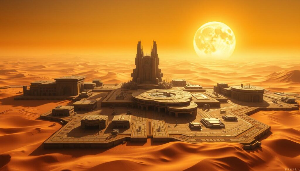 A high-resolution, detailed map of the Imperial Testing Station on the desert planet of Dune. The foreground features the key locations within the testing station, including the central command hub, research laboratories, and experimental testing facilities, all rendered with precise architectural details. The middle ground showcases the sprawling network of corridors, airlocks, and landing pads that connect the various sections. In the background, the vast, rippling dunes of Dune's sun-baked landscape stretch out, with the iconic twin suns casting warm, golden hues across the scene. The overall mood is one of scientific exploration and technological innovation, set against the harsh, unforgiving environment of the desert world.