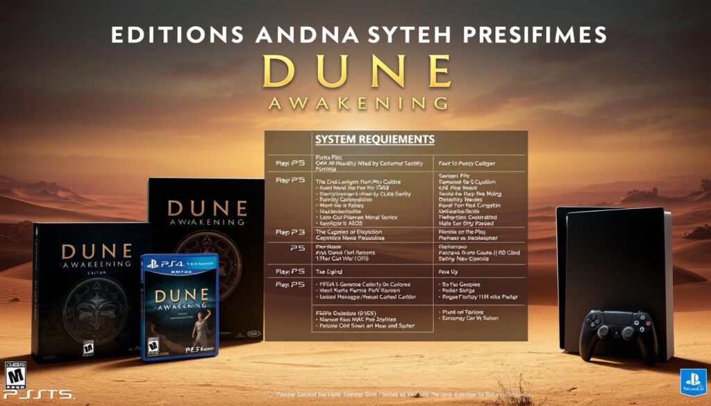 A highly detailed and meticulously crafted image depicting "Editions and System Requirements" for the Dune Awakening video game. The foreground showcases the various game editions, each with its own distinct packaging and branding elements. The middle ground presents a clear and comprehensive breakdown of the system requirements, highlighting the necessary hardware specifications to run the game seamlessly on platforms such as PS5. The background features a stunning, cinematic landscape inspired by the Dune universe, with sweeping desert vistas and ominous skies that set the mood and atmosphere. The lighting is dramatic, casting long shadows and emphasizing the technical details. The overall composition is balanced and visually appealing, drawing the viewer's attention to the key information being conveyed. A highly detailed and meticulously crafted image depicting "Editions and System Requirements" for the Dune Awakening video game. The foreground showcases the various game editions, each with its own distinct packaging and branding elements. The middle ground presents a clear and comprehensive breakdown of the system requirements, highlighting the necessary hardware specifications to run the game seamlessly on platforms such as PS5. The background features a stunning, cinematic landscape inspired by the Dune universe, with sweeping desert vistas and ominous skies that set the mood and atmosphere. The lighting is dramatic, casting long shadows and emphasizing the technical details. The overall composition is balanced and visually appealing, drawing the viewer's attention to the key information being conveyed.