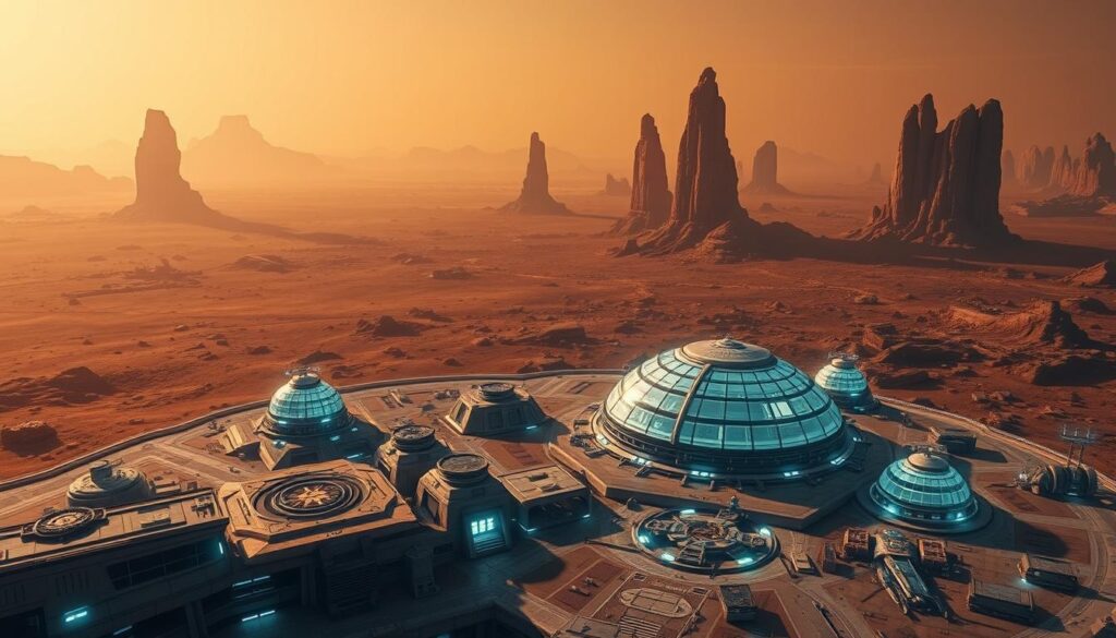 A highly detailed map of the Imperial Testing Station, showcasing the key locations and landmarks within its vast expanse. The foreground depicts the central command hub, with its sleek, angular architecture and a network of corridors leading to various testing facilities. The middle ground features the atmospheric testing domes, their transparent shells casting an eerie glow over the surrounding terrain. In the background, the rugged, wind-swept landscape of the planet is visible, with towering rock formations and a hazy, orange-tinted sky, creating a sense of isolation and foreboding. The lighting is a combination of cool, directional illumination from the testing domes and the warm, diffused sunlight filtering through the atmosphere. The overall scene conveys a sense of technological prowess and imperial might, set against the harsh, unforgiving environment of the planet.