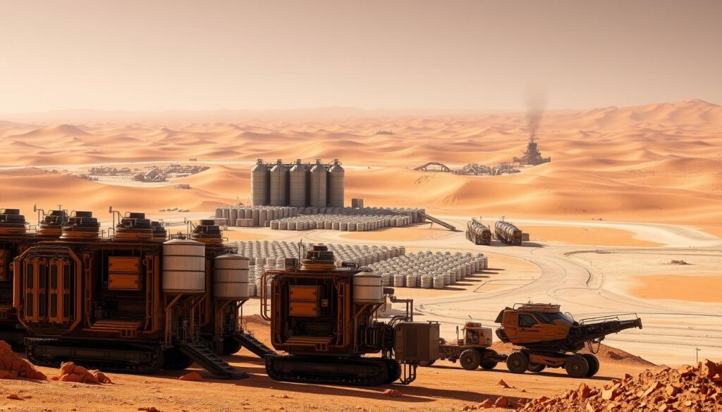 A large, well-organized mining setup sits in the foreground, with multiple automated mining rigs working efficiently. In the middle ground, a grid of storage silos and transport systems neatly organize the extracted resources. The background features a vast, arid landscape with rolling dunes, creating a sense of an expansive, off-world environment. Bright, directional lighting casts dramatic shadows, highlighting the engineering and functionality of the setup. The overall scene conveys a sense of order, productivity, and technical sophistication essential for large-scale resource harvesting in a harsh, alien world.