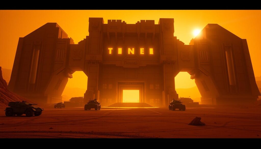 A massive, imposing imperial testing station stands amidst the desolate Dune landscape. The facility's angular, utilitarian architecture is cast in warm, golden light, contrasting with the deep, shadowy recesses and the distant, hazy horizon. Armored vehicles and equipment surround the entrance, hinting at the station's militaristic purpose. Atmospheric lens flares and a sense of scale and isolation convey the remote, foreboding nature of this outpost on a harsh, unforgiving world. The scene evokes a sense of the player's early journey, as they venture forth to locate their first trainer and embark on their essential quests in this uncharted, perilous environment.