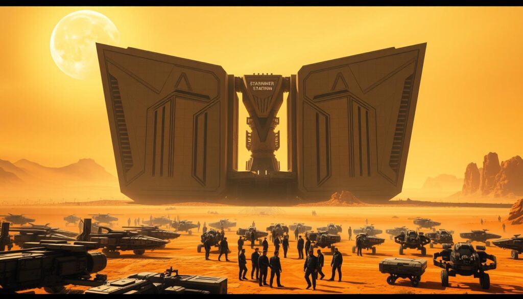 A massive, imposing structure dominates the arid, desert landscape, its angular architecture casting long shadows under the blazing twin suns. The imperial testing station, a symbol of the Imperium's technological prowess, stands tall and foreboding, its facade adorned with sleek, minimalist designs and geometric patterns. The foreground is filled with a bustling gathering of futuristic vehicles and machinery, their sleek silhouettes hinting at the advanced engineering within. In the middle ground, a group of stoic, uniformed personnel oversee the station's operations, their movements crisp and efficient. The background fades into a hazy, ochre horizon, the distant dunes and jagged cliffs a testament to the harsh, unforgiving environment that the station was built to withstand. A massive, imposing structure dominates the arid, desert landscape, its angular architecture casting long shadows under the blazing twin suns. The imperial testing station, a symbol of the Imperium's technological prowess, stands tall and foreboding, its facade adorned with sleek, minimalist designs and geometric patterns. The foreground is filled with a bustling gathering of futuristic vehicles and machinery, their sleek silhouettes hinting at the advanced engineering within. In the middle ground, a group of stoic, uniformed personnel oversee the station's operations, their movements crisp and efficient. The background fades into a hazy, ochre horizon, the distant dunes and jagged cliffs a testament to the harsh, unforgiving environment that the station was built to withstand.