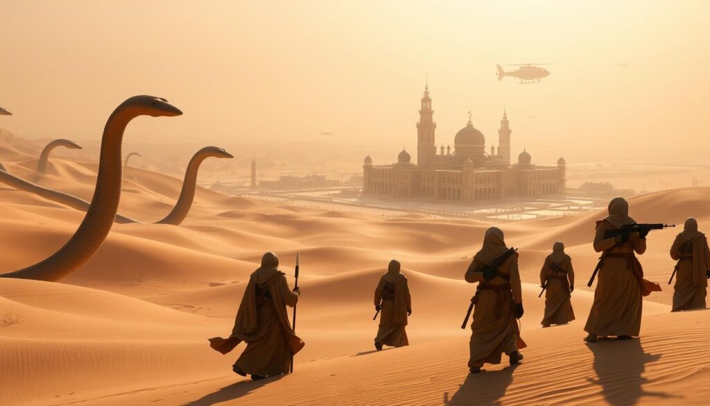 A panoramic vista of the desert planet Arrakis, with towering sandworms undulating through the dunes. In the foreground, a group of Fremen tribesmen garbed in flowing robes and stillsuits, wielding crysknives and maula pistols. Beyond them, the ornate architecture of Arrakeen city rises from the sand, its gleaming towers and domes bathed in warm, golden light. In the distance, the silhouettes of ornithopters and suspensors dot the sky, hinting at the arrival of off-world visitors. The scene conveys a sense of mystery, danger, and the clash of ancient traditions with newfound technological power. A panoramic vista of the desert planet Arrakis, with towering sandworms undulating through the dunes. In the foreground, a group of Fremen tribesmen garbed in flowing robes and stillsuits, wielding crysknives and maula pistols. Beyond them, the ornate architecture of Arrakeen city rises from the sand, its gleaming towers and domes bathed in warm, golden light. In the distance, the silhouettes of ornithopters and suspensors dot the sky, hinting at the arrival of off-world visitors. The scene conveys a sense of mystery, danger, and the clash of ancient traditions with newfound technological power.