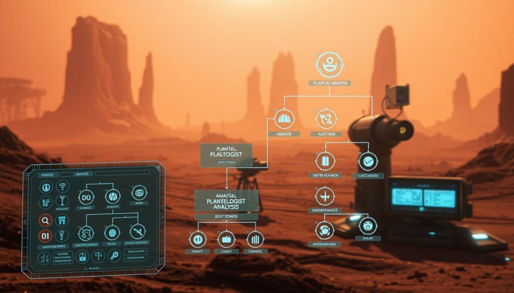 A planetologist skill tree set against a futuristic, sci-fi landscape. In the foreground, a holographic display shows the various branching paths and upgrades, with icons representing different planetary analysis abilities. The middle ground features a research station or observatory, with large telescopes and data screens. In the background, a desert planet with towering rock formations and a hazy, reddish sky creates an atmospheric, otherworldly ambiance. The lighting is a balance of warm, futuristic tones and cool, technical illumination, conveying the intersection of science and the unknown. The overall mood is one of exploration, discovery, and the pursuit of understanding the complexities of alien worlds.