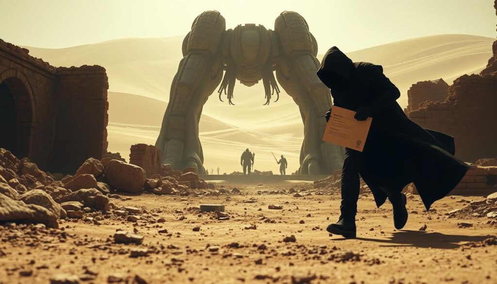 A shadowy figure creeps through the crumbling ruins of Dune Awakening, clutching a gleaming contract. The foreground is tense and foreboding, with a sense of impending danger. The middle ground reveals the saboteur's target - the legs of a massive, lumbering creature, its vulnerabilities exposed. In the background, the vast, windswept dunes of Arrakis loom, a testament to the harshness of the environment. The lighting is dramatic, casting deep shadows and highlighting the saboteur's stealthy movements. The scene is captured with a cinematic wide-angle lens, emphasizing the scale and grandeur of the setting. Overall, the image conveys a sense of high-stakes espionage and the precarious nature of survival in the Dune universe.