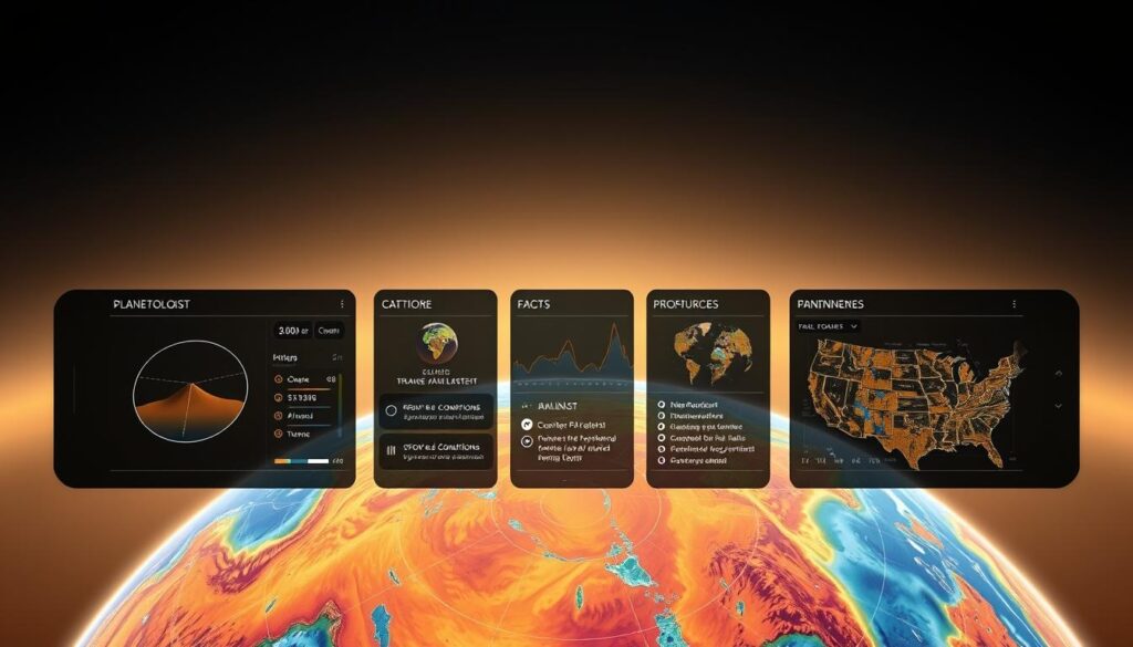 A sleek and intuitive interface for the Planetologist app, showcasing a seamless blend of data visualizations and interactive controls. The foreground features a dynamic planetary map, with vibrant colors and detailed terrain rendered in a high-resolution display. The middle ground presents a series of informative panels, displaying real-time data on atmospheric conditions, geological features, and potential resource deposits. In the background, a subtle gradient evokes the vastness of space, with subtle lighting and shadows adding depth and dimension to the scene. The overall aesthetic conveys a sense of scientific exploration and discovery, inviting the user to delve into the secrets of the Dune universe.