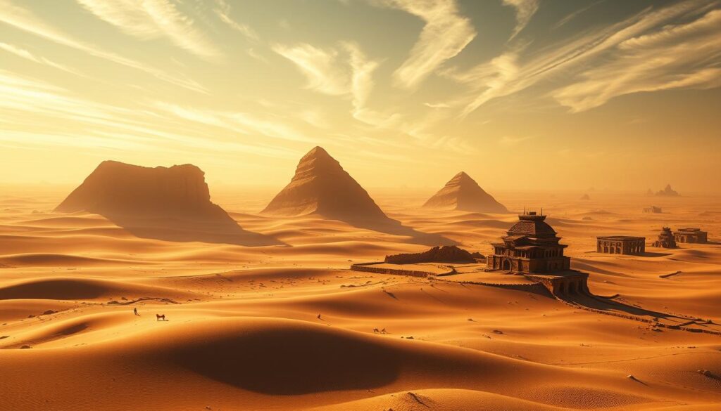 A sprawling desert landscape, a shifting battleground for guilds vying for control. In the foreground, a strategic guild control point stands, its gleaming architectural design a testament to the faction's power. Towering dunes rise in the middle distance, casting long shadows that stretch across the sands. The sky, a tapestry of warm hues, is dotted with wispy cirrus clouds, creating a sense of foreboding. Rugged, sun-bleached structures dot the horizon, serving as outposts and rally points for the competing forces. The scene is captured with a cinematic wide-angle lens, emphasizing the scale and grandeur of the desert conflict. Dramatic, low-angle lighting casts dramatic shadows, heightening the sense of tension and urgency. This is a world on the cusp of change, where the delicate balance of power hangs in the balance.