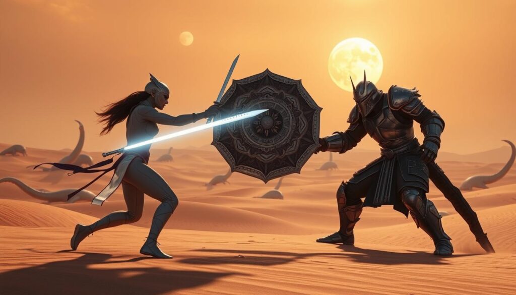 A sprawling desert landscape, the twin suns casting a warm glow over the dunes. In the foreground, two warriors engage in a fierce shield combat, their movements fluid and graceful. The protagonist, clad in a sleek, form-fitting stillsuit, wields a glimmering sword, their shield shimmering with an iridescent energy field. The opponent, a towering figure in intricate battle armor, counters with a powerful shield bash, the impact sending ripples through the air. The background is dotted with the silhouettes of towering sandworms, a constant reminder of the dangers that lurk beneath the surface. The scene is bathed in a cinematic lighting, highlighting the intensity and drama of the shield combat.