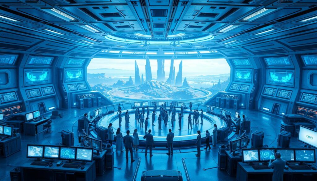 A sprawling futuristic laboratory, bathed in a soft blue glow. In the foreground, teams of scientists and engineers in sleek white uniforms intently monitor rows of high-tech computer screens and holographic displays. The middle ground features a large, circular testing arena where a group of players, their avatars shimmering with energy, engage in a dynamic, open-world sci-fi simulation. The background reveals a panoramic view of a breathtaking alien landscape, with towering crystalline spires and shimmering, otherworldly skies. The overall atmosphere is one of intense focus, innovation, and a sense of imminent discovery, capturing the essence of Funcom's innovative beta testing strategy for the epic sci-fi adventure, Dune Awakening.