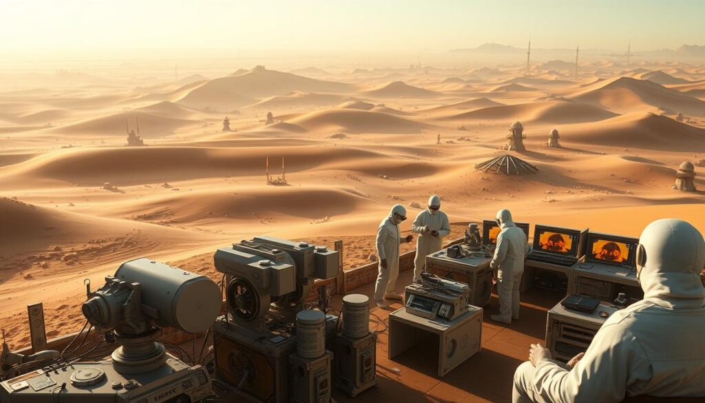 A sprawling imperial testing station, situated amidst the towering dunes of a distant desert world. The foreground features a collection of advanced scientific instruments and equipment, meticulously arranged for precise measurements and data collection. In the middle ground, a team of scientists in pristine white hazmat suits diligently analyze samples, their movements precise and methodical. The background reveals a panoramic vista of the barren, windswept landscape, the horizon dotted with the silhouettes of distant structures and monitoring towers. Warm, golden lighting bathes the scene, casting long shadows and imbuing the image with a sense of discovery and exploration. The overall atmosphere is one of scientific rigor and the relentless pursuit of knowledge, set against the harsh and unforgiving backdrop of an alien world.