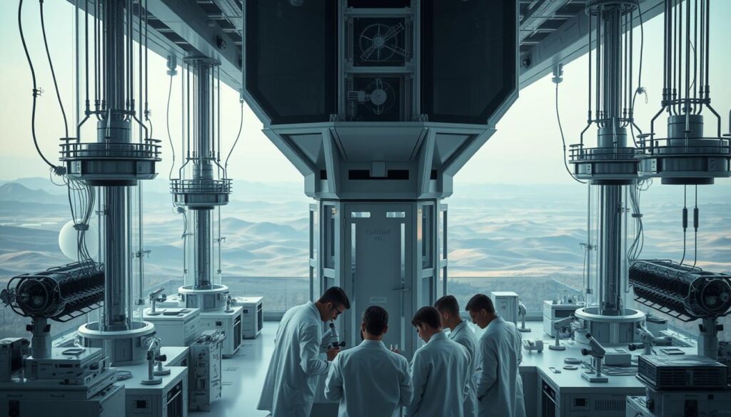 A sprawling laboratory complex with towering glass structures and gleaming metal instruments. In the foreground, a team of scientists in white coats huddle around a central testing station, peering into microscopes and analyzing data. Soft, diffused lighting casts an aura of discovery and innovation. The background features an expansive landscape with rolling hills and a distant horizon, hinting at the vast unknown that lies beyond the boundaries of this research outpost. Sleek, minimalist design elements and a sense of futuristic possibility permeate the scene, as the scientists push the boundaries of their planetologist skills.