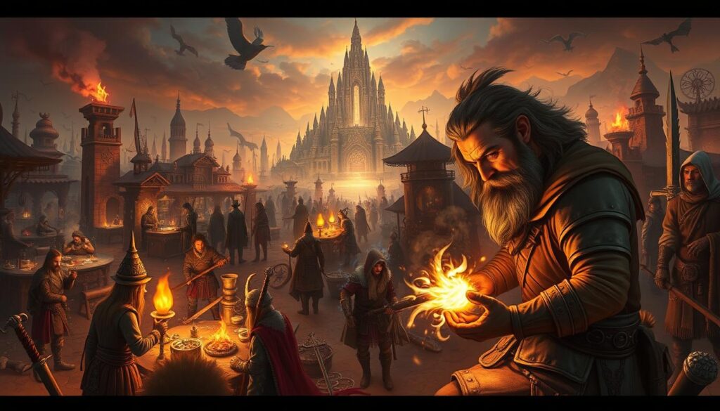 A sprawling landscape of diverse character professions, each with intricate skill trees and customization options. In the foreground, a skilled craftsman meticulously forges a gleaming sword, their face illuminated by the glow of the forge. Surrounding them, a bustling hub of activity - alchemists concocting potent elixirs, scouts charting treacherous terrain, and shamans communing with ancient spirits. The middle ground is filled with a tapestry of specialized tools, scrolls, and enchanted talismans, hinting at the depth of the character progression system. In the background, a towering citadel stands as a symbol of the game's rich, immersive world, bathed in warm, ambient lighting that casts a sense of wonder and discovery. This image captures the essence of a thriving, customizable character experience at the heart of the survival game.