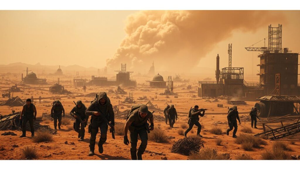 A sprawling, post-apocalyptic landscape, set in a distant future where survival is the ultimate challenge. In the foreground, a group of rugged, determined survivors navigate the treacherous terrain, armed with a variety of scavenged tools and weapons. The middle ground reveals the remnants of a once-thriving civilization, crumbling buildings and rusted machinery, now reclaimed by nature. In the background, a towering, ominous sandstorm looms, hinting at the harsh, unforgiving environment that these survivors must endure. The lighting is dramatic, with a warm, sepia-toned hue casting an atmospheric, gritty feel. The camera angle is slightly elevated, giving a sense of scale and the vastness of this desolate world.