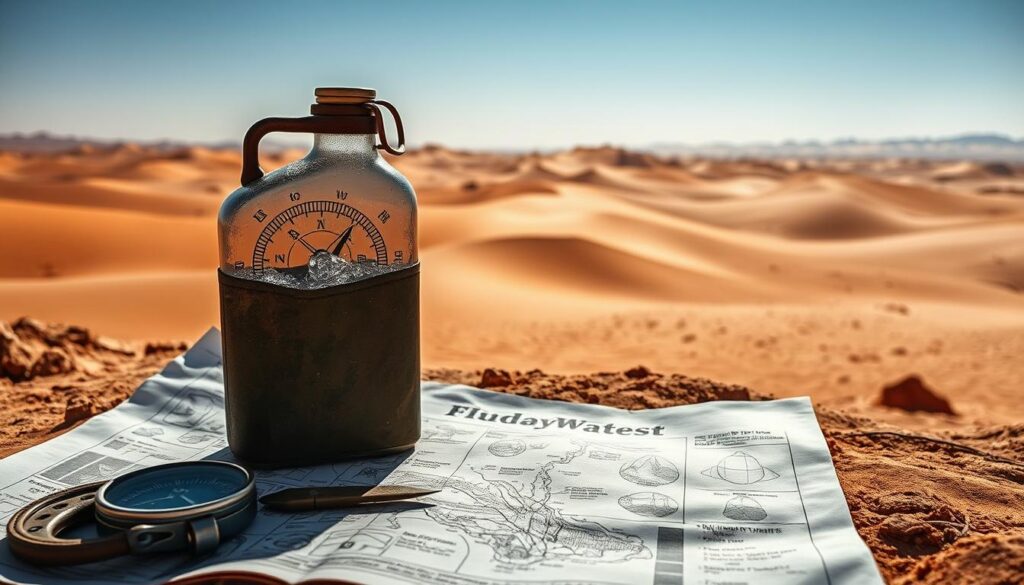 A sun-drenched desert landscape, with rugged, wind-carved dunes stretching out into the horizon. In the foreground, a weathered canteen sits atop a map, its contents glistening with condensation. Beside it, a compass and a survival knife, their metal surfaces gleaming in the intense light. The middle ground features a series of diagrams and illustrations, depicting the mechanics of hydration - how to purify water, measure intake, and conserve precious resources. The background is a vast, cloudless sky, its deep blue hue fading into the shimmering heat waves on the horizon. The overall mood is one of determination and self-reliance, as the viewer is immersed in the essential skills needed to thrive in this unforgiving environment.