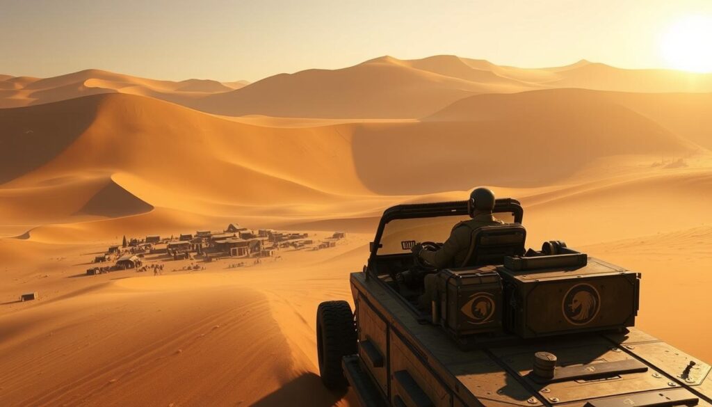 A sun-drenched desert landscape, with towering sand dunes and a harsh, unforgiving environment. In the foreground, a rugged, futuristic vehicle navigates the treacherous terrain, its panels and machinery adorned with intricate designs reminiscent of Dune's iconic Fremen culture. The driver, clad in protective gear, scans the horizon for any signs of danger, their focus unwavering. In the middle ground, a sprawling camp emerges, with makeshift shelters, scavenged equipment, and a sense of resilience against the harsh conditions. The background is dominated by the vast, undulating dunes, their shadows shifting as the sun slowly sets, casting an eerie, golden glow over the entire scene. The atmosphere is one of survival, exploration, and the integration of Dune's rich lore into a captivating gameplay experience.