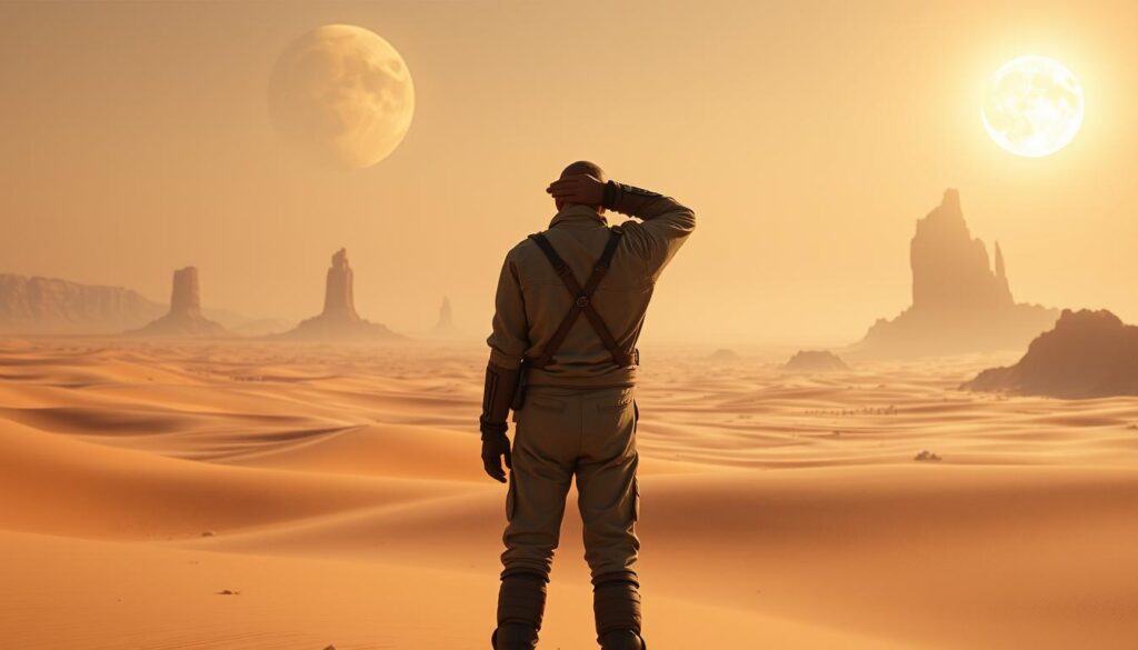 A sweeping desert landscape, the twin suns of Arrakis casting a warm, golden glow over the dunes. In the foreground, a weathered stillsuit-clad figure stands tall, shielding their eyes as they gaze out over the vast expanse. Behind them, towering rock formations and the silhouettes of giant sandworms emerge from the shimmering horizon. The air is thick with the scent of spice, and the faint sound of distant stillsuits rustling in the wind can be heard. The mood is one of awe and wonder, a sense of the immense scale and history of the Dune universe. The camera angle is low, emphasizing the grandeur of the scene and the solitary figure's connection to this ancient, mysterious world.