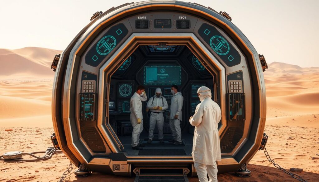 A technologically advanced testing station stands in the foreground, its sleek metallic exterior gleaming under the harsh desert sun. Intricate control panels and holographic displays fill the interior, hinting at the complex systems being analyzed. In the middle ground, a team of scientists in protective gear carefully monitors the data, their expressions focused as they unravel the Planetologist Level 3 bug. The vast, rolling dunes of Arrakis stretch out in the background, a reminder of the challenging environment in which this critical work is being conducted. The scene conveys a sense of urgency and precision, as the team strives to resolve the issue and maintain the integrity of the Dune Awakening systems.