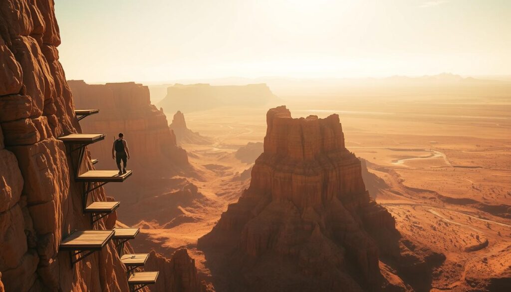 A vast, arid desert landscape extends into the horizon, bathed in warm, golden sunlight. In the foreground, a lone explorer navigates a series of vertical platforms and climbing structures, their body silhouetted against the sky. The middle ground features towering rock formations and canyons, creating a sense of depth and scale. In the background, distant mountains and dunes add to the sense of a vast, open world waiting to be discovered. The scene conveys a mood of adventure, challenge, and the thrill of vertical exploration in a harsh, unforgiving environment.