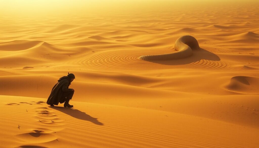 A vast, arid desert landscape stretches out before the viewer, the horizon shimmering with heat. In the foreground, a lone figure crouches low to the ground, eyes scanning the dunes for any sign of movement. The figure wears desert-appropriate garb, with a long cloak and goggles to protect against the blistering sun. In the middle ground, the telltale ripples of a massive sandworm can be seen undulating across the sands, its massive jaws gaping open, ready to swallow any unwary traveler. The figure moves with careful, calculated steps, avoiding the worm's path and searching for a safe passage through the treacherous terrain. The scene is bathed in a warm, golden light, creating a sense of tension and unease. The overall mood is one of survival and trepidation, as the figure navigates the perilous desert landscape, constantly on the alert for the looming threat of the sandworm. Prompt