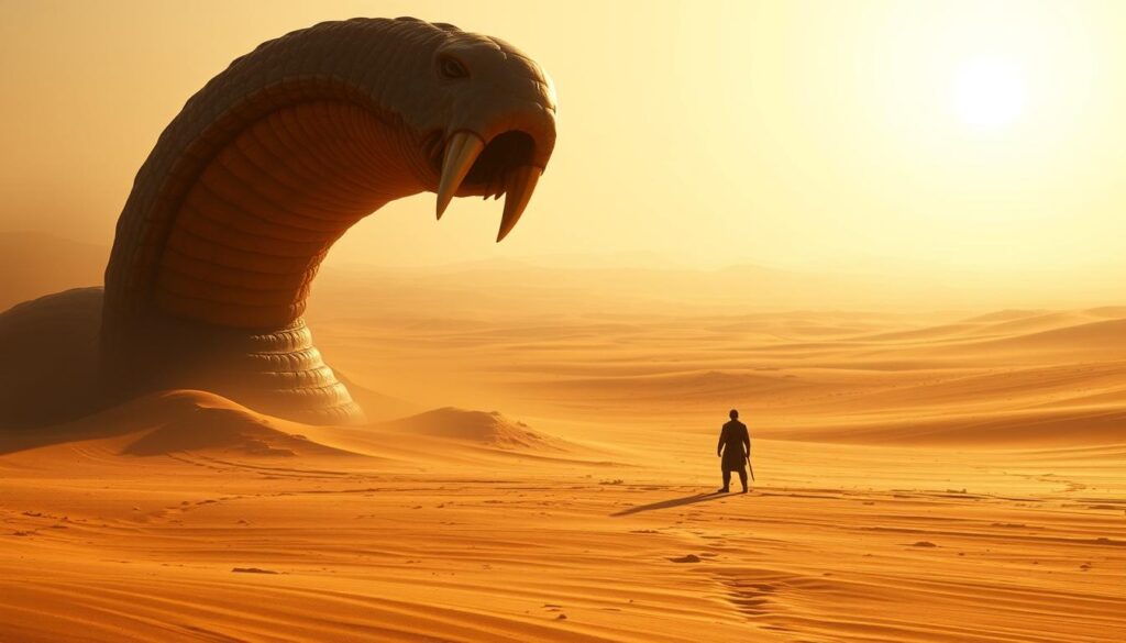 A vast, arid desert landscape stretches out, the sun casting a warm, golden glow. In the foreground, a colossal sandworm erupts from the shifting sands, its maw gaping wide as it senses the vibrations of nearby prey. The creature's titanic scales glisten, its movements creating a subtle, trembling effect that permeates the environment. In the middle ground, a small figure stands transfixed, the sheer power of the sandworm's presence palpable. The background is hazy, the horizon line blurred, emphasizing the immense scale and danger of this formidable desert predator. The scene evokes a sense of awe, trepidation, and the raw, unforgiving nature of the Dune universe.