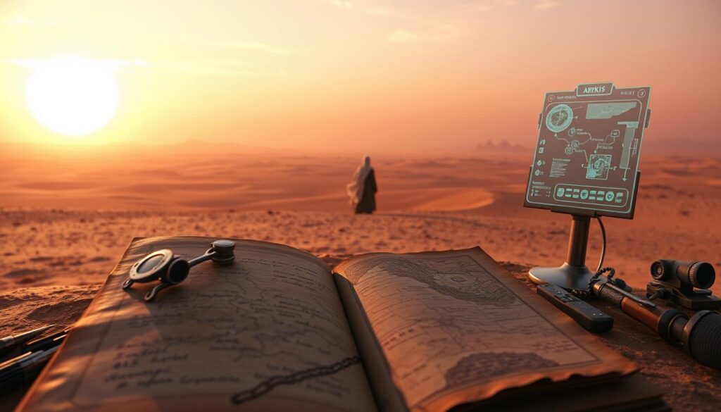 A vast, arid landscape of Arrakis, the desert planet. In the foreground, a weathered journal with intricate maps and notes, hinting at the mysteries of the Planetologist's quest. A holographic display projects planetary data, surrounded by scientific instruments and tools. In the middle ground, a lone Planetologist, their robes billowing in the wind, stands contemplating the horizon. The sky is tinted with hues of orange and purple, casting a warm, ethereal glow over the scene. The camera angle is slightly elevated, giving a sense of the Planetologist's determined pursuit of knowledge. Lighting is soft and atmospheric, emphasizing the sense of discovery and exploration.