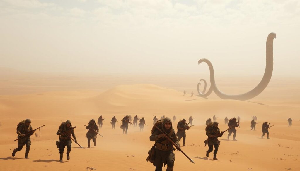 A vast, arid landscape, the dunes of Arrakis stretch out as far as the eye can see. In the foreground, a group of survival game players navigate the harsh terrain, their faces etched with determination. They move stealthily, wielding an array of crafted tools and weapons, ever vigilant for the perils that lurk in the shadows. The middle ground reveals the dynamic interplay between the players, as they collaborate and compete, forming alliances and engaging in tense standoffs. The air is thick with the crackle of communication and the thrill of the hunt. In the distance, towering sandworms breach the surface, a constant reminder of the unforgiving nature of this world. The players must adapt and overcome, using their wits and resources to emerge victorious in this brutal, multiplayer survival game.