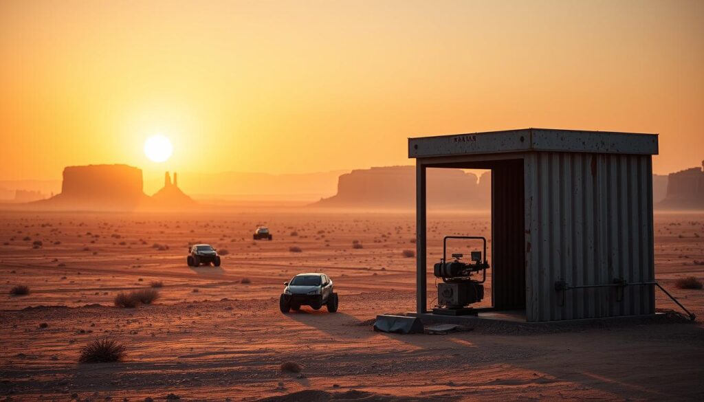 A vast, arid landscape with towering dunes and distant mesas, bathed in the warm glow of a setting sun. In the foreground, a weathered metal shelter stands, its surface pockmarked and worn, hinting at the harsh conditions that have shaped it. Beside it, a trio of compact, angular vehicles - minimic film recording units - sit poised, their cameras and sensors ready to capture the subtle movements and textures of the environment. The middle ground is dotted with the faint silhouettes of other shelters and equipment, suggesting a network of remote research stations. The background fades into a hazy horizon, where the muted colors of the sky blend seamlessly with the tones of the desert below, creating an atmosphere of isolation and tranquility.