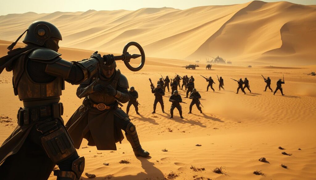 A vast desert landscape, the sands of Arrakis stretch out as far as the eye can see. In the foreground, two heavily armored figures engage in a fierce melee, their weapons clashing with a metallic ring. Gritty textures and cinematic lighting create a sense of intensity and realism. In the middle ground, a group of soldiers maneuver with precision, their movements fluid and coordinated. The background is dominated by the towering dunes, casting long shadows that add depth and a sense of scale. The overall scene conveys the harsh, unforgiving nature of combat on this inhospitable world, where survival depends on skill, strategy, and the mastery of the environment.